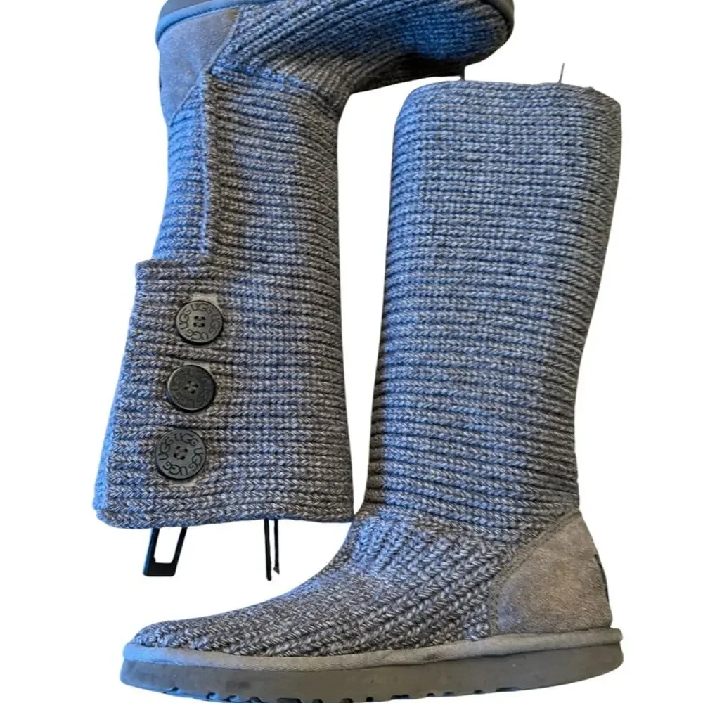 Ugg Gray Knit Button-Accent Tall Boots Womens Size 8